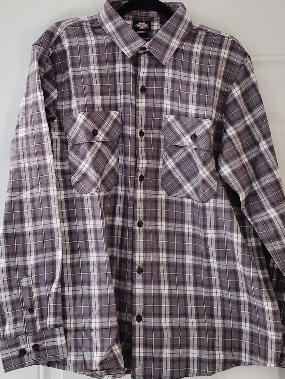Dickies Men's Steel Blue and White Plaid Button-Down Flannel Shirt